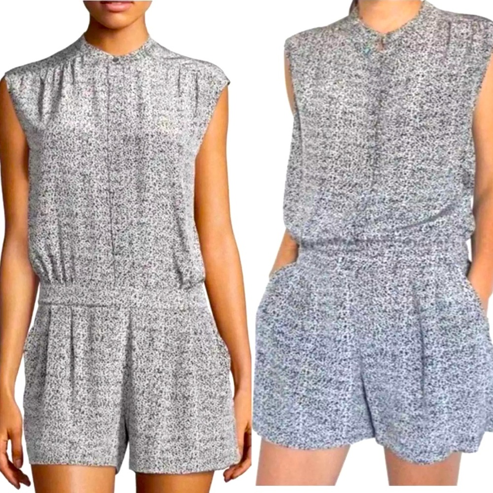 Vince 100% silk short sleeves romper spring summer dot has pockets vacation sz 6